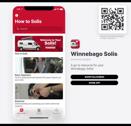 A mobile app for Winnebago Solis RV operation is displayed, offering a valuable guide for RV rental users.