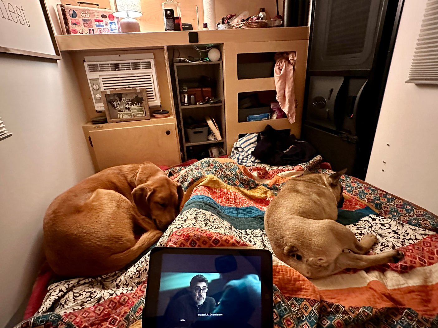 Cozy RV rental interior: two dogs napping on a colorful quilt with a tablet displaying a movie.