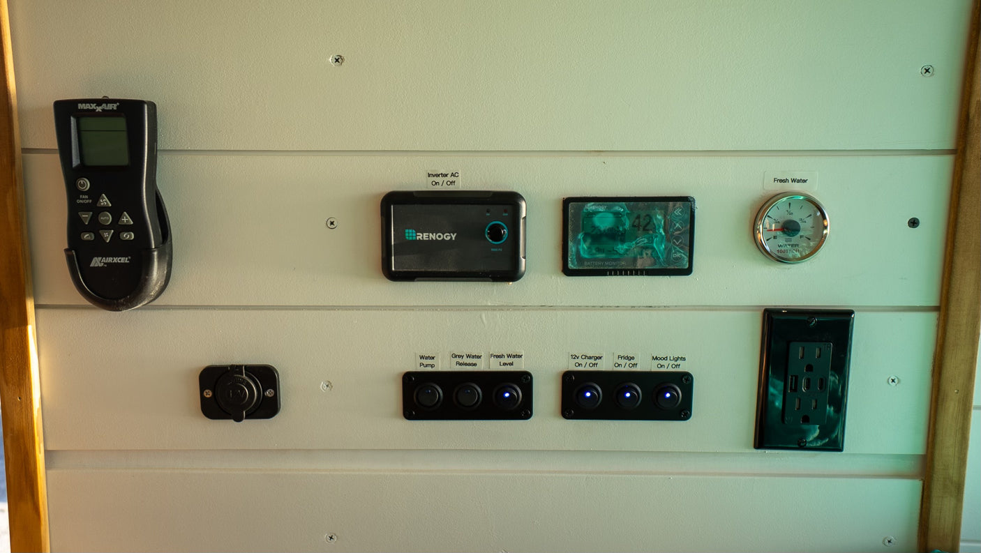 This RV rental control panel features a MaxxAir remote, Renogy power displays for battery/inverter, water gauge, and switches for essential utilities.