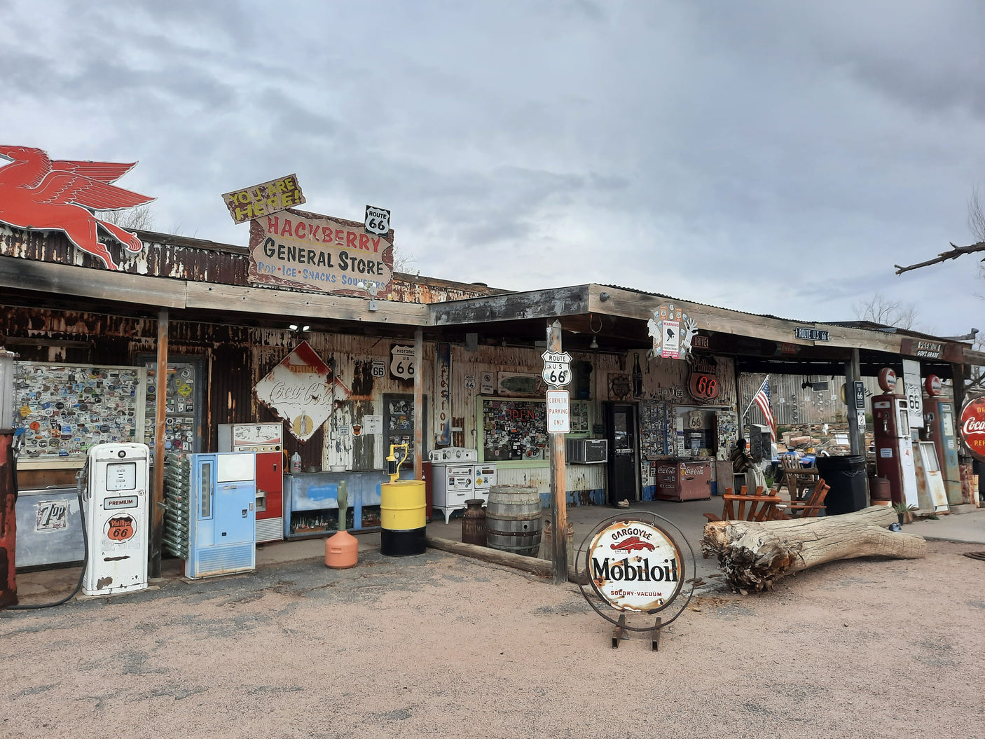 An RV rental journey along Route 66 must include Hackberry General Store, a rustic gem with vintage signs and gas pumps.