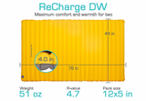 A yellow ReCharge DW double sleeping pad (76x48x4 in, 4.7 R-value) offers comfort for camping or rv rental trips.
