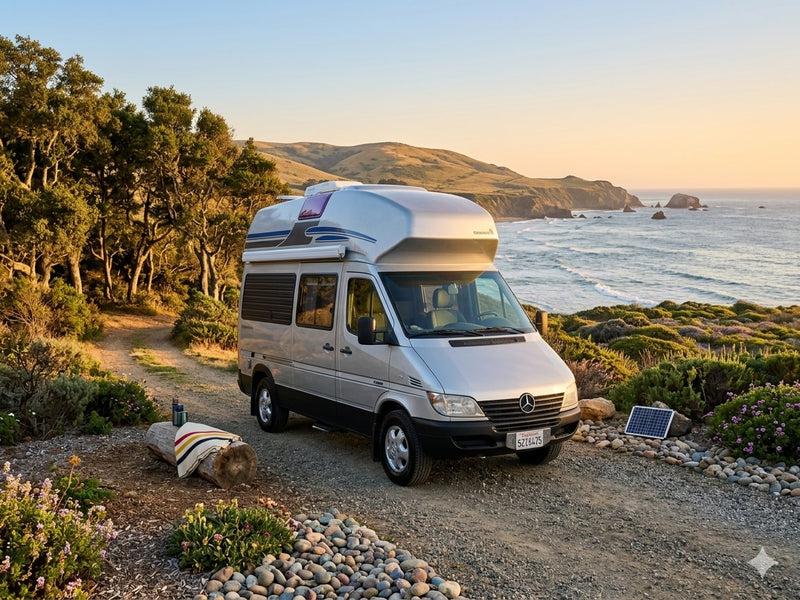 RV rental camper van parked on a scenic coastal road at sunset, overlooking the Pacific Ocean and hills. Perfect for a road trip! — photo 9