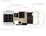 Top view of a 2021 Mode 4x4 RV rental layout, featuring bike storage, convertible lounge, kitchen, and swivel seats.