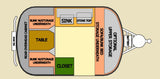 Detailed RV rental floor plan showcasing a compact camper's interior with bunks, kitchenette, table, and storage areas.