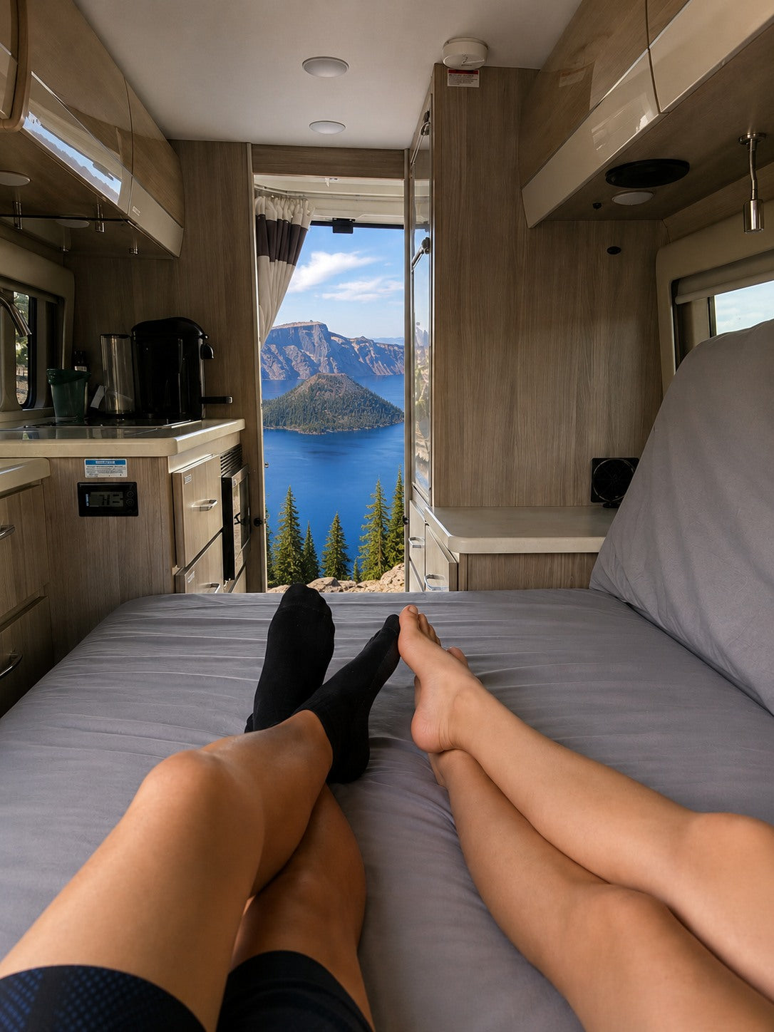 Relaxing in an RV rental with a breathtaking view of Crater Lake from the comfort of our bed.