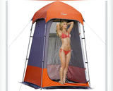 Portable outdoor shower tent, great for RV rental camping. Features a woman showering inside, emphasizing privacy & convenience.