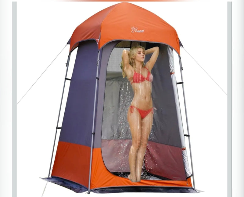 Portable outdoor shower tent, great for RV rental camping. Features a woman showering inside, emphasizing privacy & convenience. — photo 17