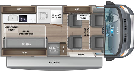 This RV rental floor plan details a compact living space with a kitchen, wet bath, 48x76 extended bed, 76" sofa, and a dining area.