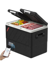 Dual-zone portable fridge for your RV rental. Keep fruits and meat chilled, managed by a smartphone app.