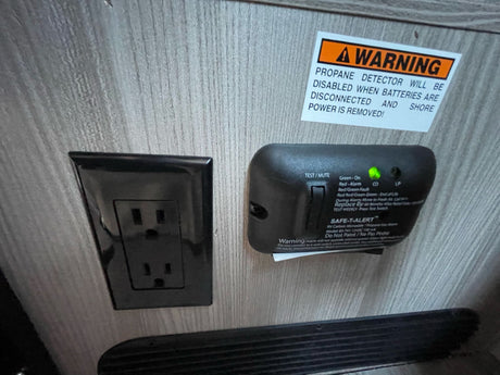 RV rental safety features: a propane/CO detector (green lights on) and an electrical outlet, with a power warning sticker.