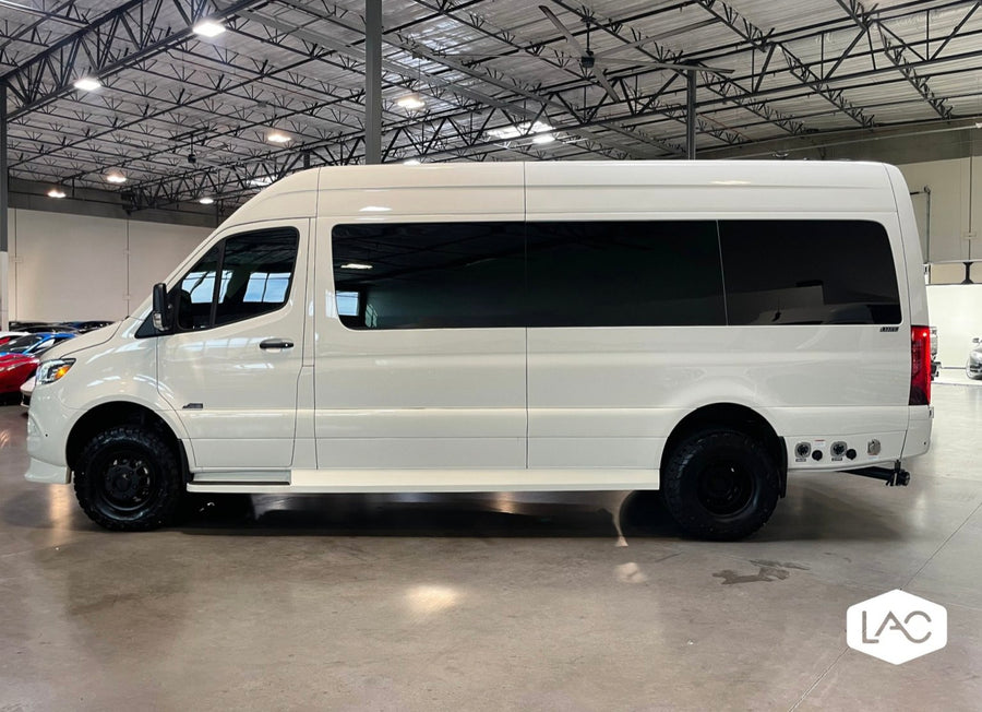  & a fold-out table.|Luxury rv rental interior with plush quilted seats