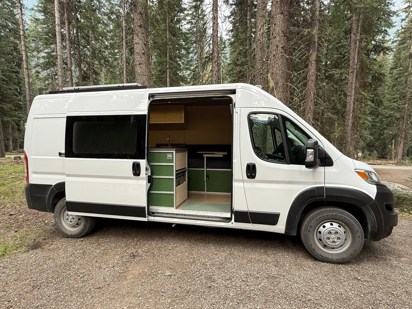 Spacious white camper van with custom green interior, parked in a pine forest, ready for your RV rental adventure.