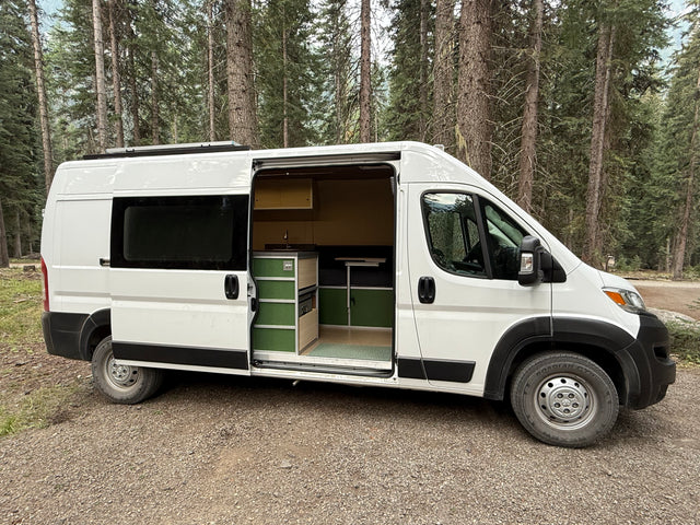 Spacious white camper van with custom green interior, parked in a pine forest, ready for your RV rental adventure.