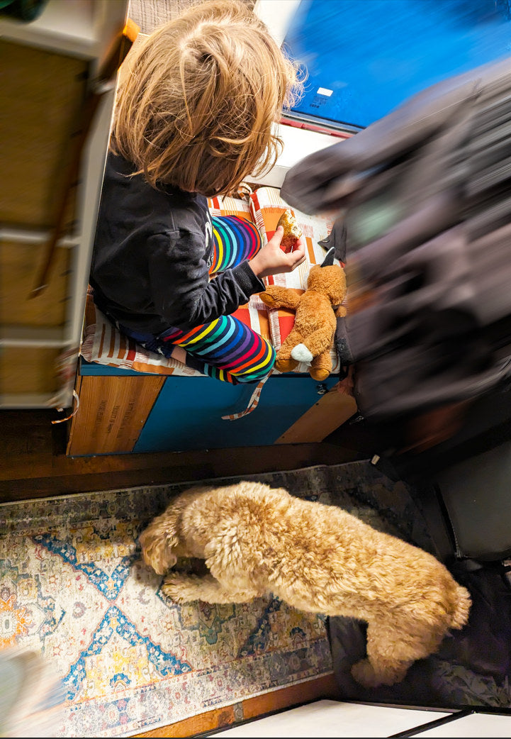A child in rainbow pants and a golden dog relax in an RV rental interior, hinting at family travel.