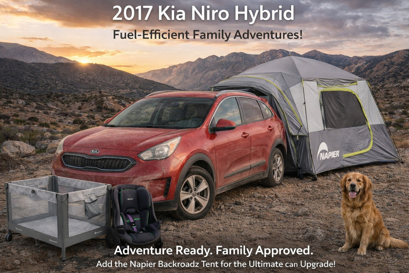 Fuel-efficient Kia Niro with car tent, baby gear. A great RV rental alternative for family adventures in the outdoors.