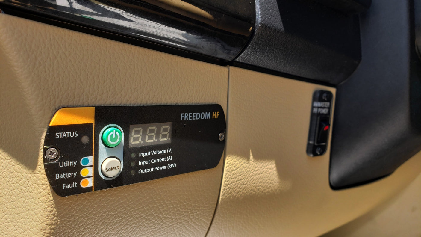 RV rental's Freedom HF inverter panel shows power status (Utility, Battery, Fault) and output (V, A, kW). Master switch visible.