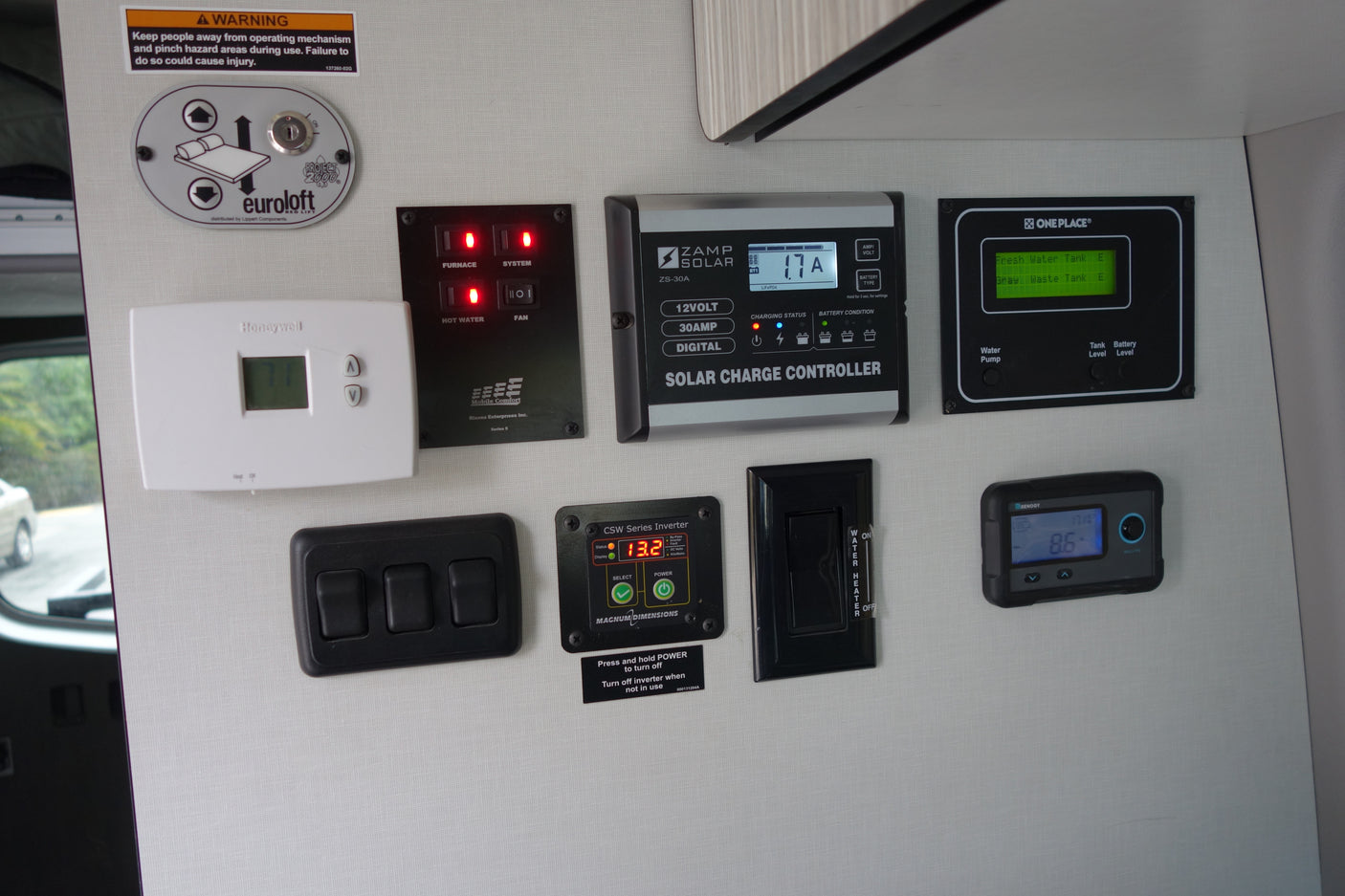 RV rental control panel displaying solar charge, water/tank levels, inverter, thermostat, and other system controls.