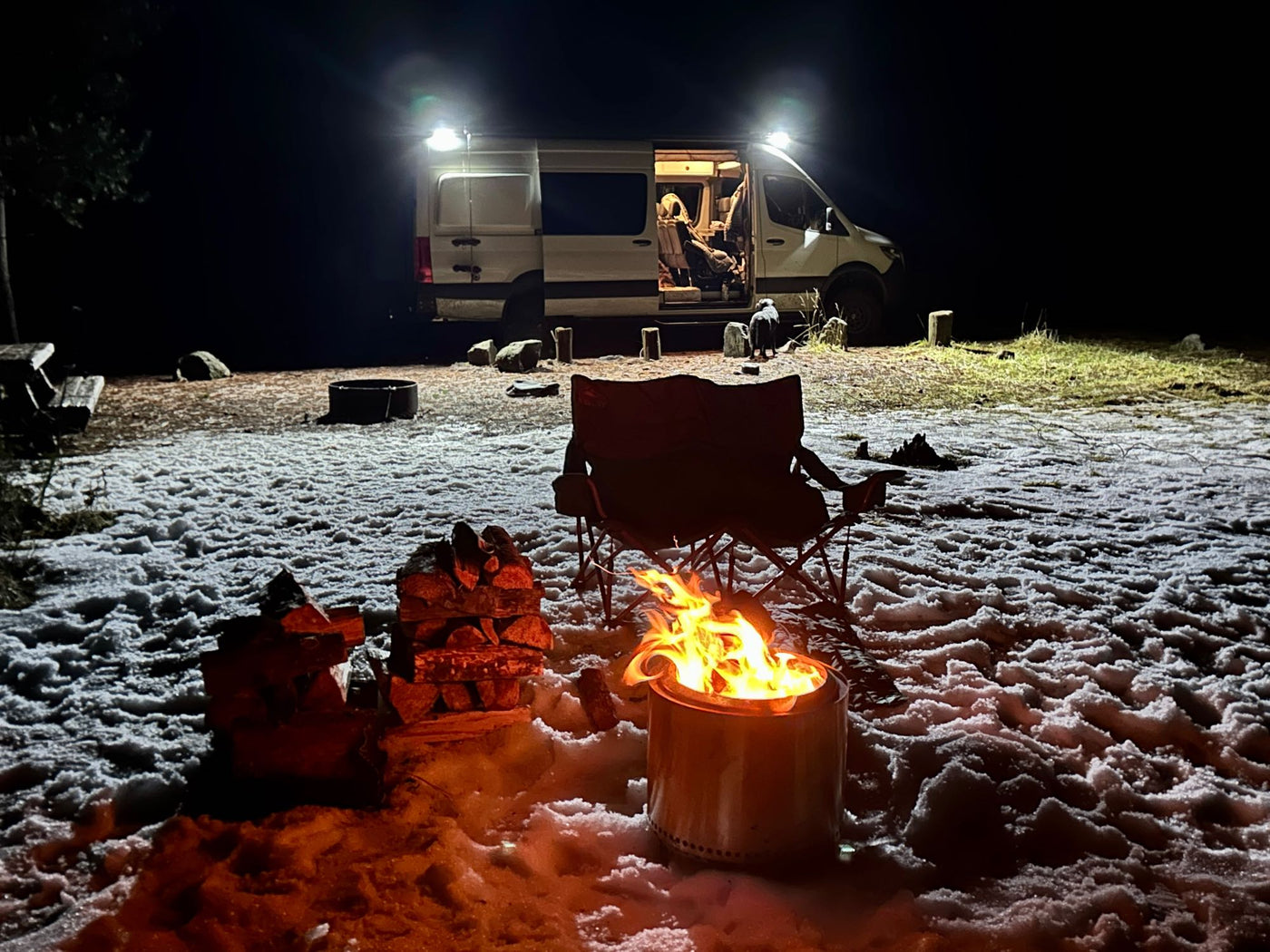  with distant snowy mountains under the stars.|Cozy winter night camping with a bright fire — photo 2