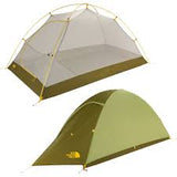 Two camping tents: a light mesh inner tent (top) and a light green rainfly (bottom). Great for outdoors exploration, even with an RV rental.