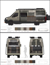 Detailed design schematics for a Mercedes Sprinter RV rental conversion, showing interior layouts with bed, kitchen, and storage.