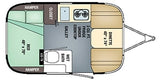 Compact RV rental floor plan: This small travel trailer features a bed, dinette, galley kitchen, and wet bath.