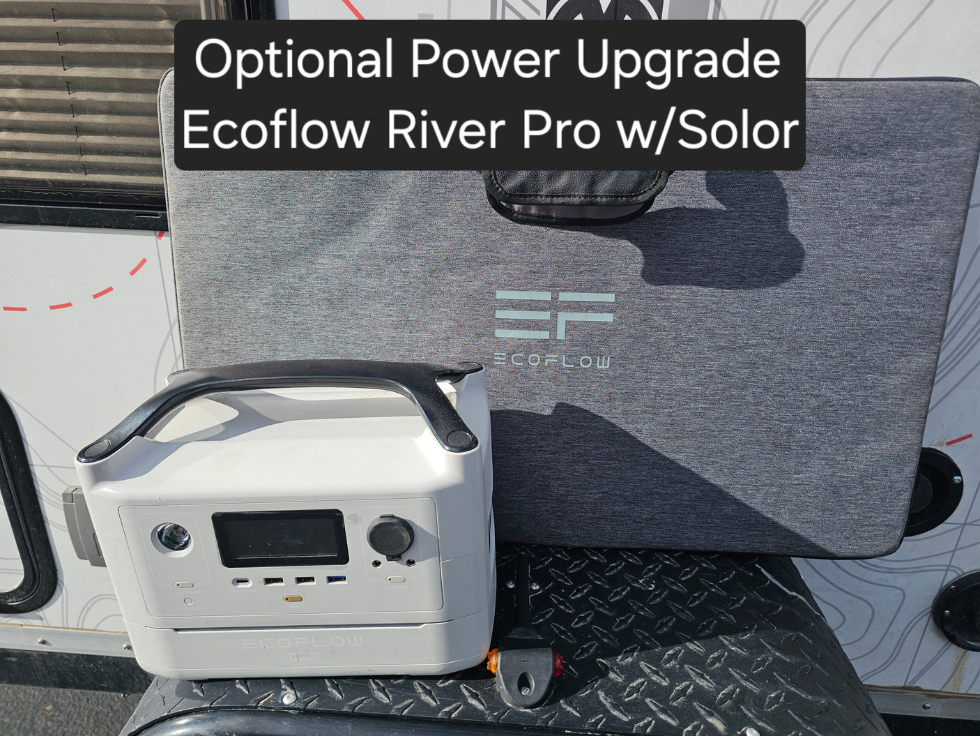 Optional Power Upgrade: Ecoflow River Pro portable power station with a solar panel for RV rental.