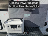 Optional Power Upgrade: Ecoflow River Pro portable power station with a solar panel for RV rental.