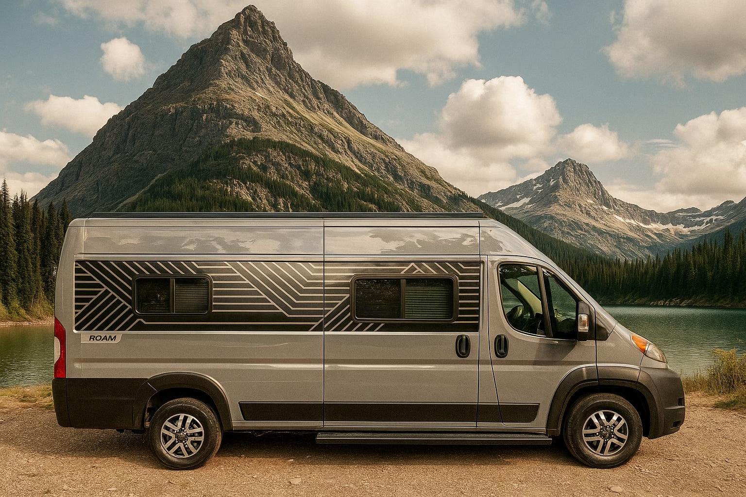 Gray ROAM rv rental camper van by a serene mountain lake, surrounded by majestic peaks and evergreen trees.