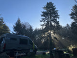 An RV rental van parked at a serene forest campsite, with sunbeams piercing through tall trees on a bright morning.