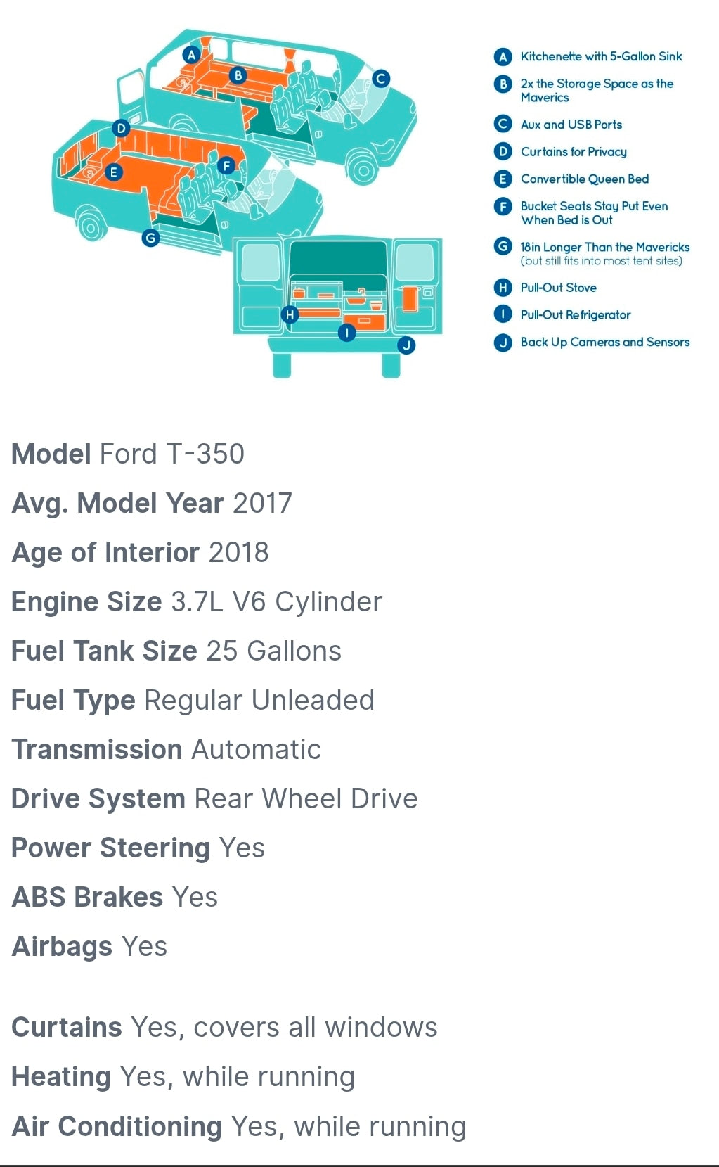 Detailed diagram & specs for a Ford T-350 camper van rv rental. Features include kitchenette, convertible bed, AC, and a V6 engine.