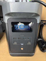 This portable power station, ideal for an rv rental, shows 100% battery, 99 hours runtime, and multiple USB ports.