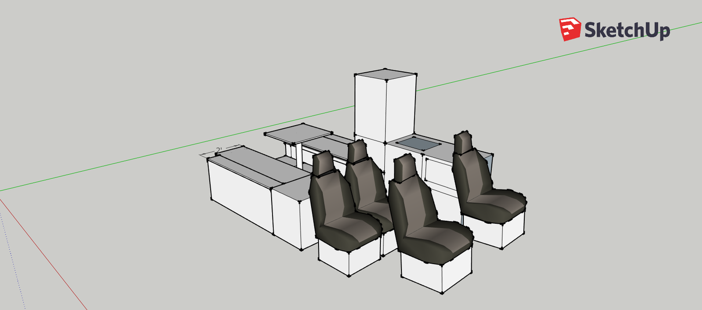 RV rental interior concept: SketchUp model of modular van conversion with seating, kitchen, and storage units.