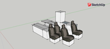 RV rental interior concept: SketchUp model of modular van conversion with seating, kitchen, and storage units.