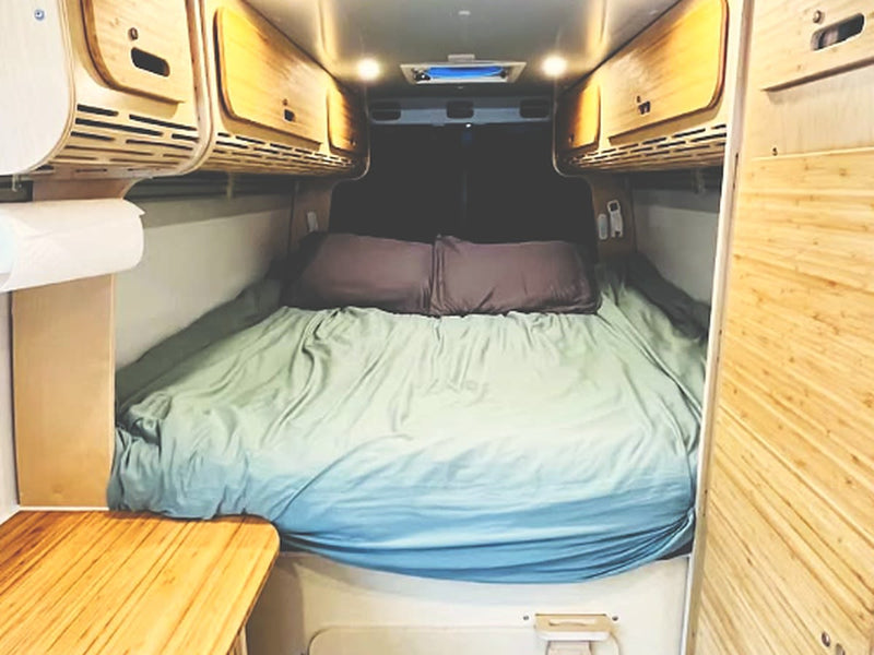  parked in a snowy forest. Ready for winter adventure!|Explore this modern RV rental campervan interior with a compact kitchen — photo 9