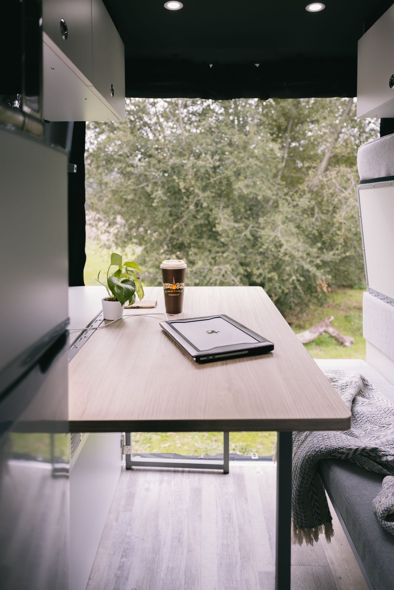  offering a view of lush trees.|Modern camper van RV rental interior: compact kitchen — photo 10