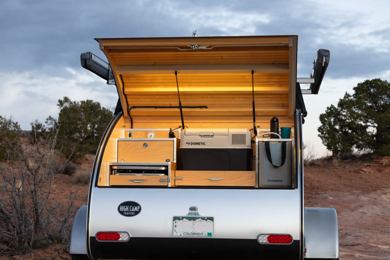  is ready for adventure in red rock country.|Rear view of an open teardrop RV rental — photo 14