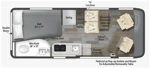  perfect for travel.|RV rental floor plan showing a bed