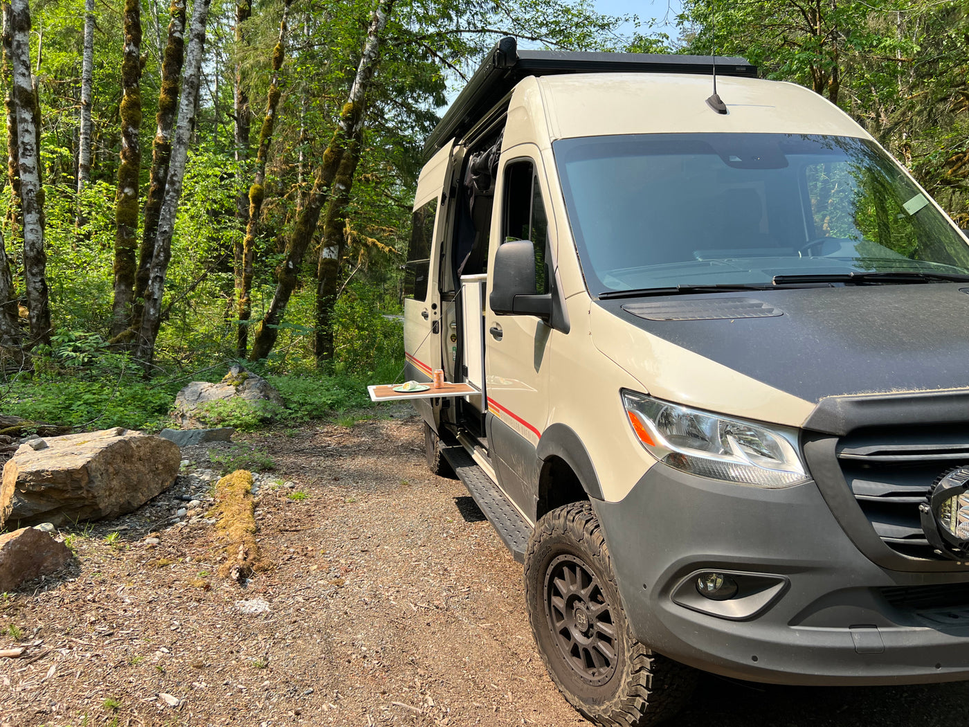 Explore nature with an RV rental! This camper van is parked in a lush forest with a side table extended for a meal. — photo 9