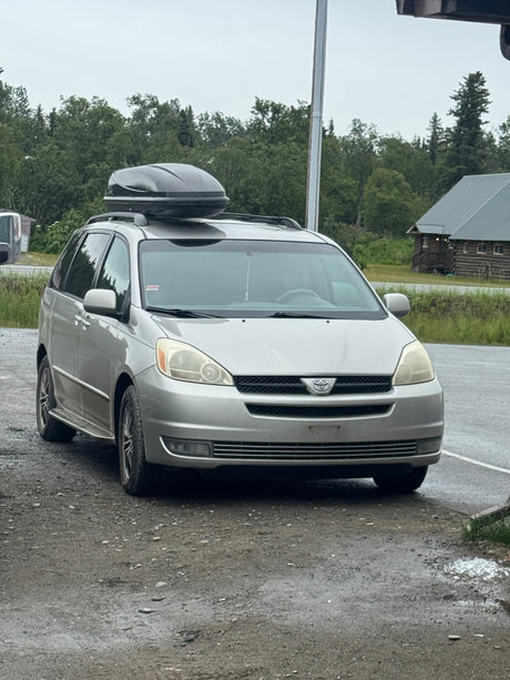Silver minivan with a roof box