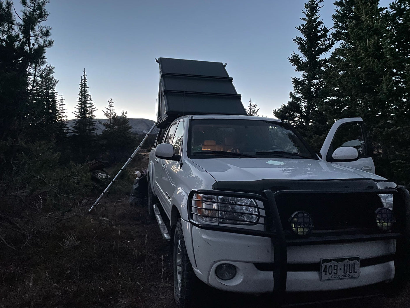 White overland truck with a rooftop tent, perfect for an RV rental adventure, parked amidst evergreen trees at twilight.
