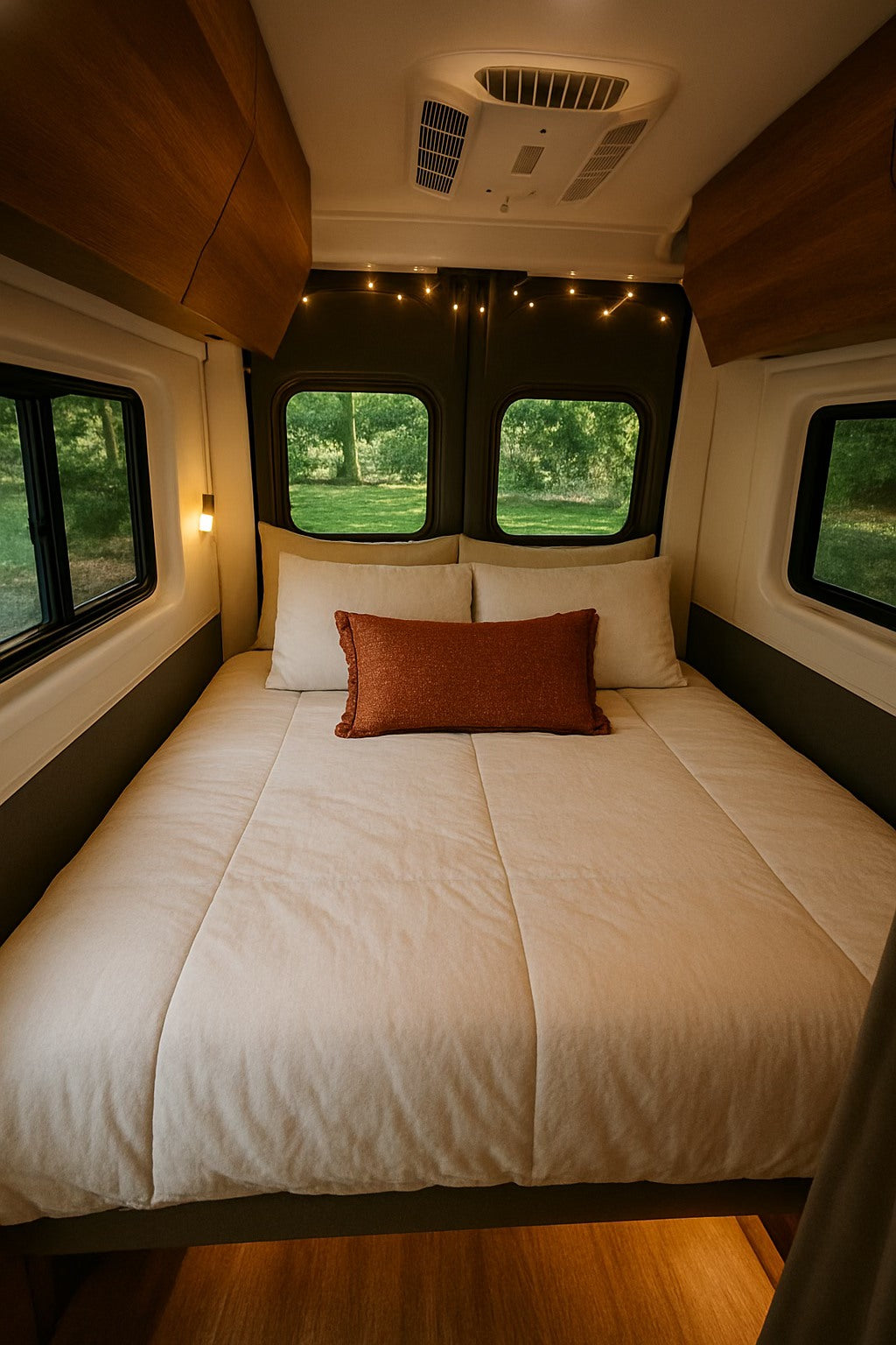 Cream-colored bed with an orange pillow inside a cozy RV rental, illuminated by string lights, with forest views.