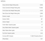 This RV rental specs sheet details vehicle weight ratings, dimensions, and tank capacities, useful for planning trips.