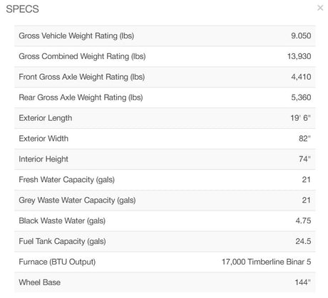 This RV rental specs sheet details vehicle weight ratings, dimensions, and tank capacities, useful for planning trips.