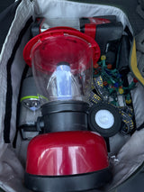 RV rental gear: Essential outdoor lighting, including two lanterns, string lights, and a headlamp, neatly packed for adventure.