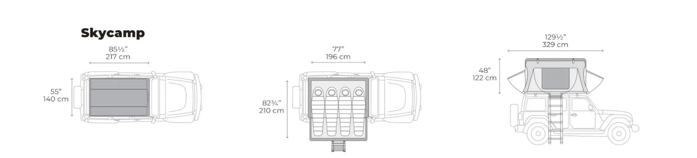 Skycamp rooftop tent dimensions shown for car camping/rv rental setup, with views closed, open for 3 sleepers, and side profile. — photo 5