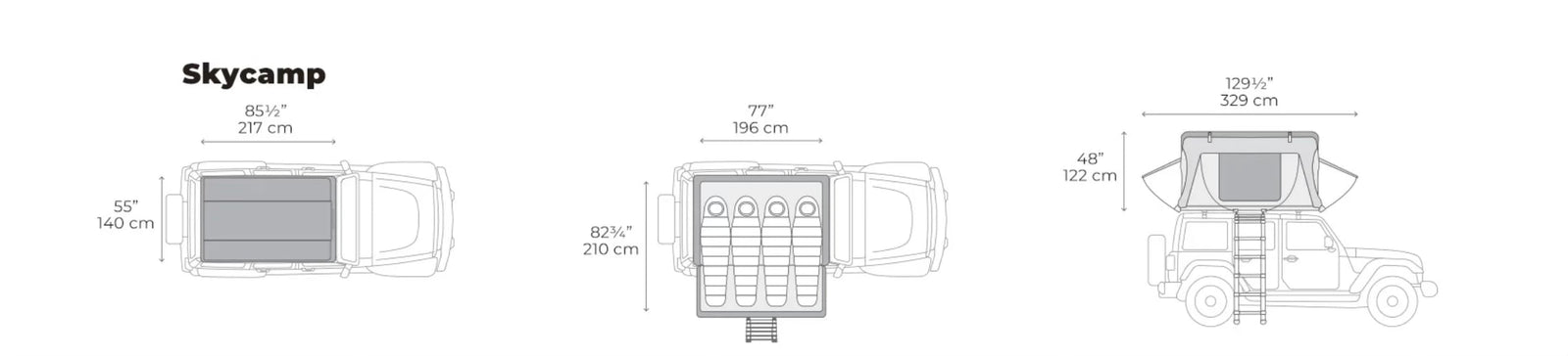 Skycamp rooftop tent dimensions shown for car camping/rv rental setup, with views closed, open for 3 sleepers, and side profile.