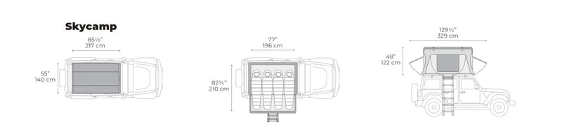 Skycamp rooftop tent dimensions shown for car camping/rv rental setup, with views closed, open for 3 sleepers, and side profile. — photo 5