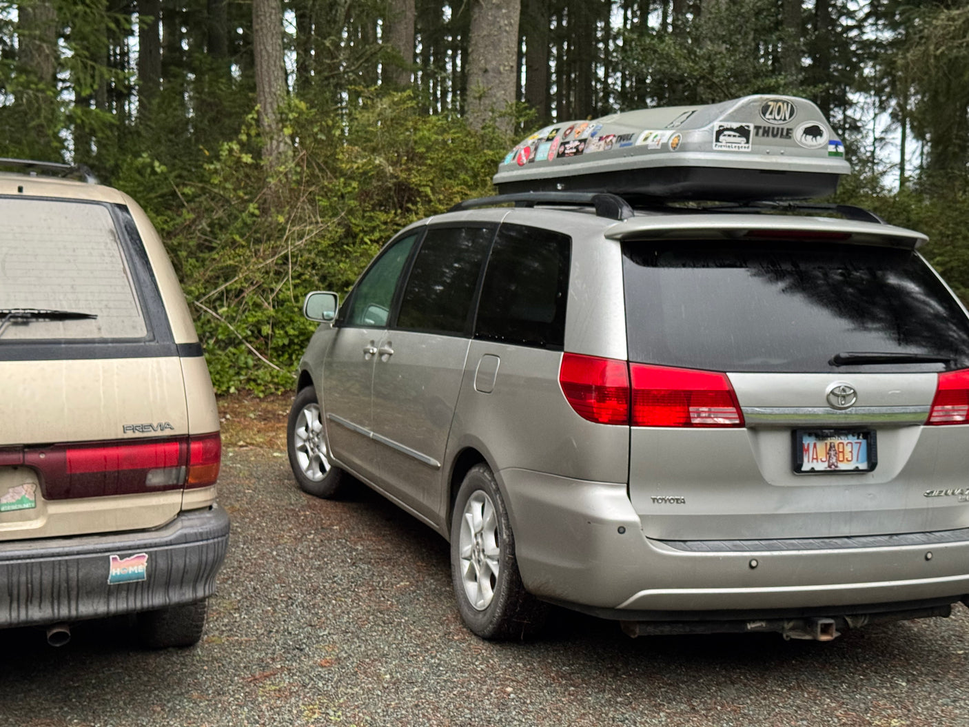 Two minivans, like an RV rental setup, parked in a forest. A silver Toyota Sienna with a Thule roof box and a gold Previa.
