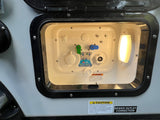 RV rental utility center: detailed view of water, tank, cable hookups, and sewer warnings.