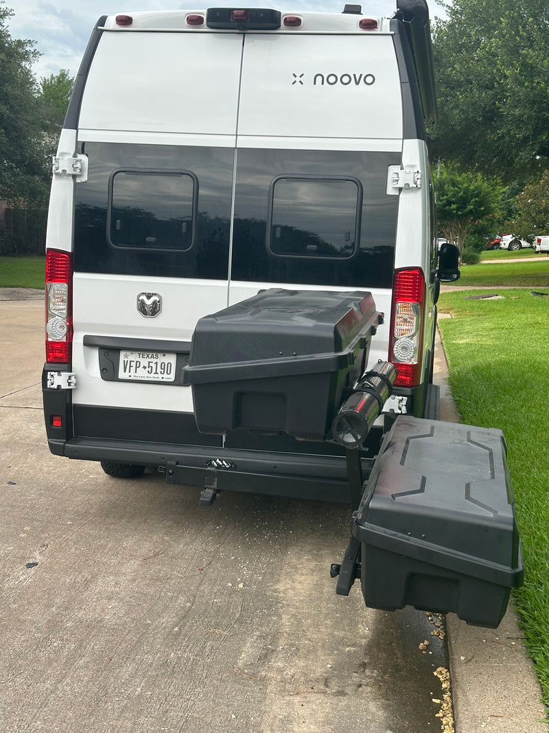 Rear view of a white Noovo RV rental camper van (Ram ProMaster) with two large black storage boxes and Texas plate VFP-5190. — photo 12